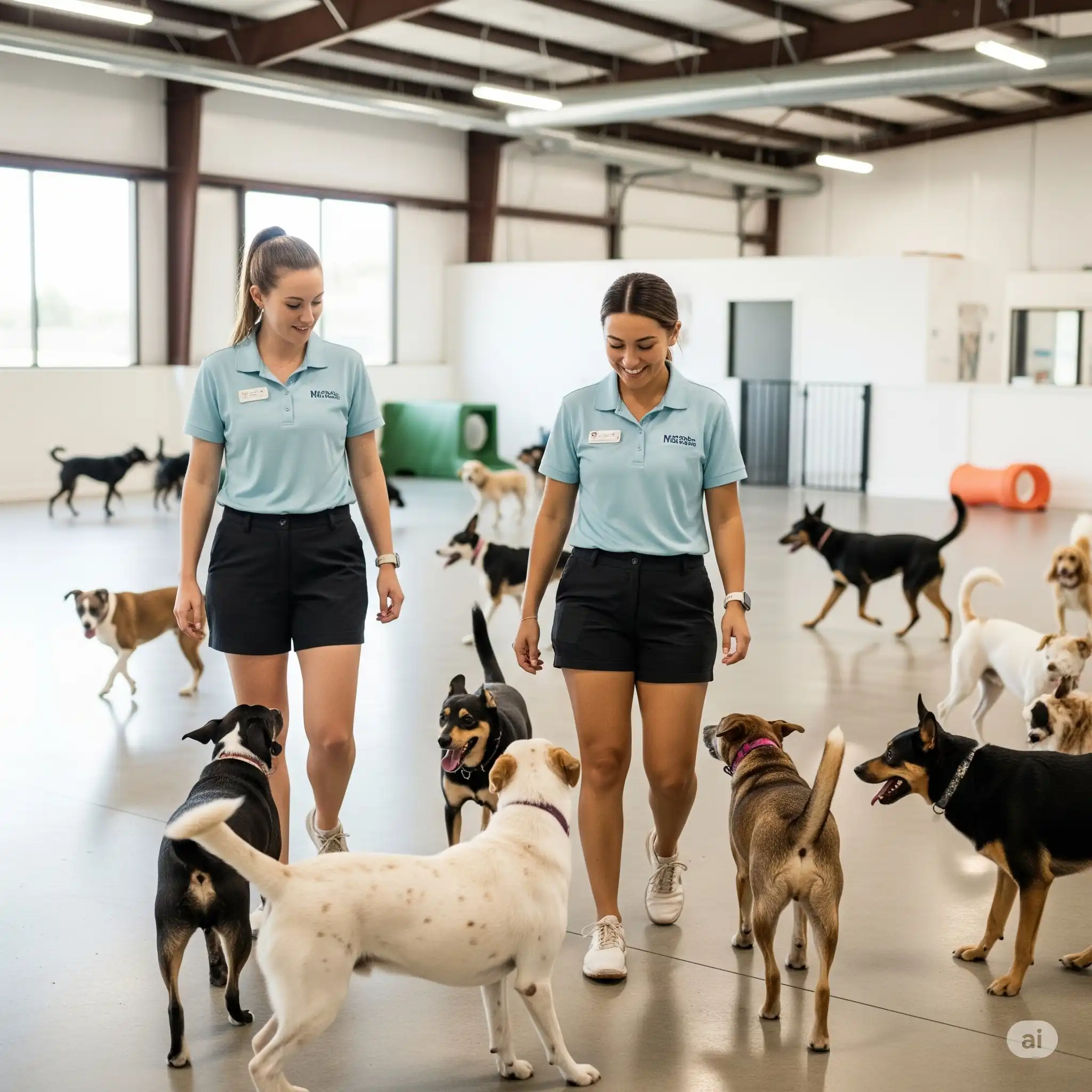 two girls with dogs in a care facility